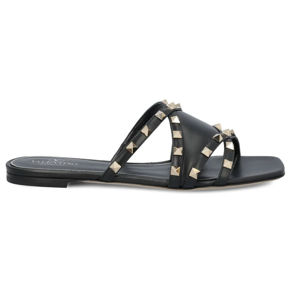 Valentino Rockstud Crisscross Strap Leather Black Slide Slip On Flat Sandal 40 - Picture 1 of 16
